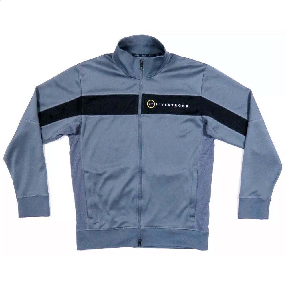 Nike Dri Fit Livestrong Spell Out Swoosh Gray Black Mens Full Zip Track Jacket S